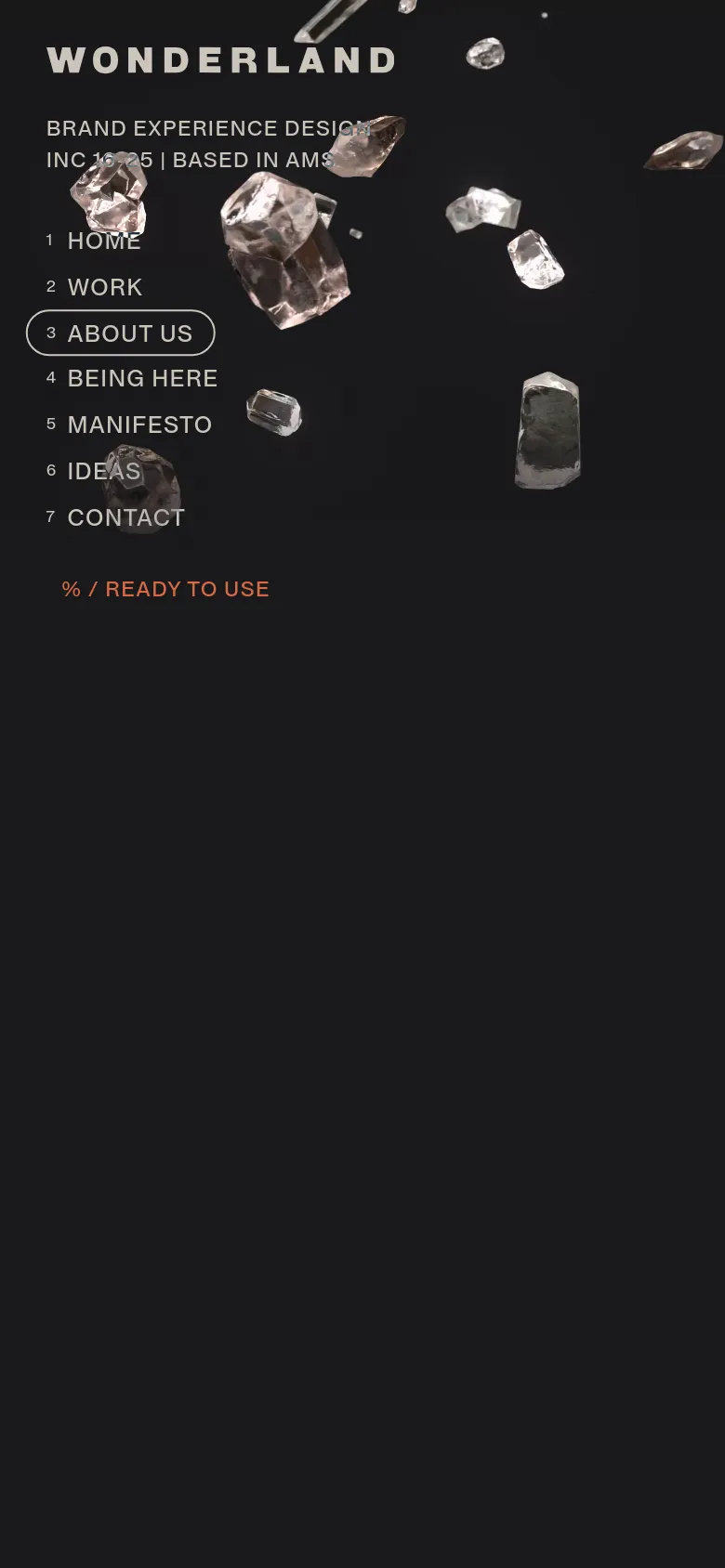 The mobile version presents a similar dark aesthetic with floating crystal imagery, but the layout is more vertically compressed. The navigation menu and branding are scaled to fit the narrower screen, maintaining the white text on a black background and the pill-shaped highlight on the 'ABOUT US' menu item.