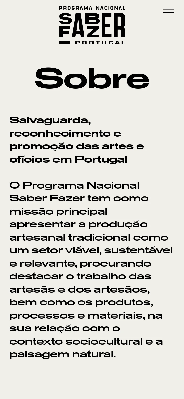 The mobile version presents a simplified, vertically stacked layout with a light gray background. The 'Saber Fazer Portugal' logo and a hamburger menu icon are at the top, followed by the large 'Sobre' headline and the program's mission statement in bold black text. The layout focuses on readability by removing the horizontal navigation bar and map interface seen on desktop.