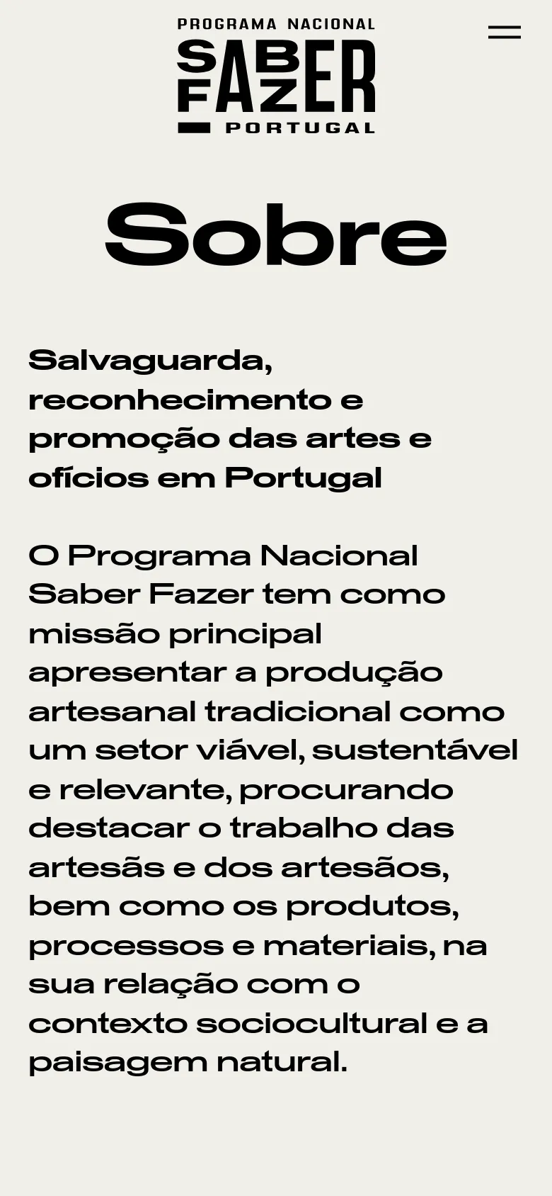 The mobile version presents a simplified, vertically stacked layout with a light gray background. The 'Saber Fazer Portugal' logo and a hamburger menu icon are at the top, followed by the large 'Sobre' headline and the program's mission statement in bold black text. The layout focuses on readability by removing the horizontal navigation bar and map interface seen on desktop.