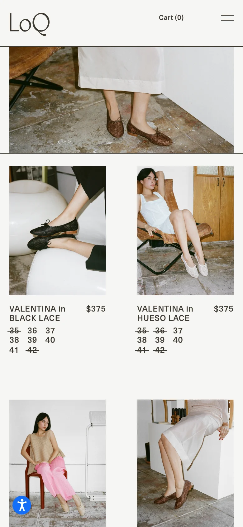 The mobile version simplifies the layout with a centered logo, a hamburger menu icon, and a 'Cart (0)' link at the top. The hero image and product grid are stacked vertically, showing large, high-quality images of the lace footwear followed by product titles, prices, and available sizes.