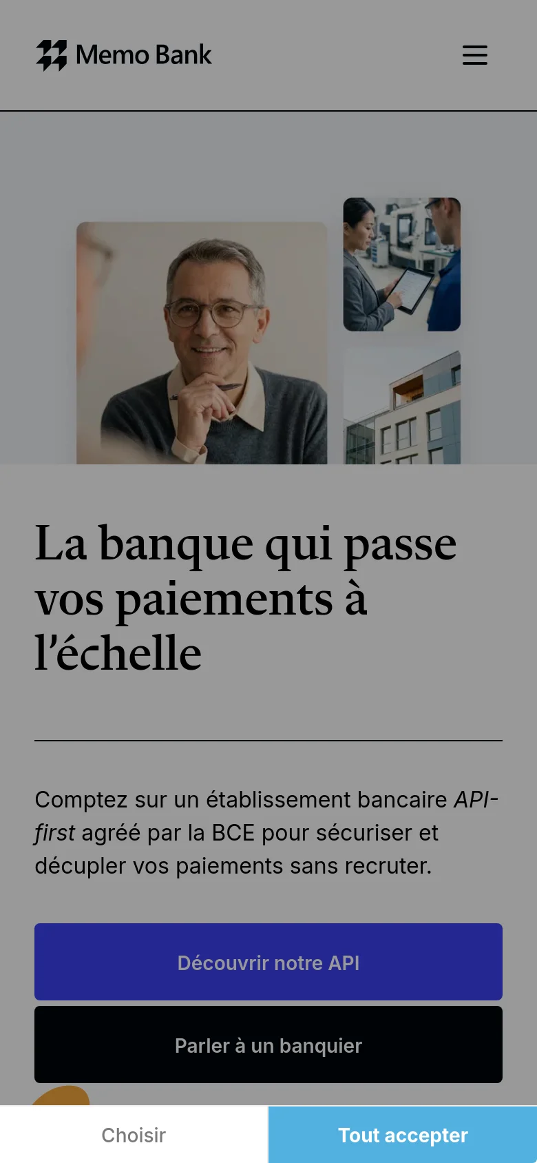 The mobile version uses a single-column vertical layout, starting with the Memo Bank logo and a hamburger menu icon. The hero image collage is stacked above the main headline, followed by the descriptive text and two large, full-width call-to-action buttons in blue and black. A cookie consent banner appears at the bottom of the screen.