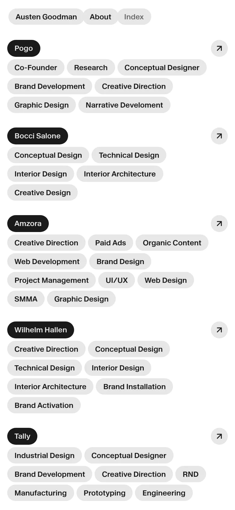 The mobile version maintains the minimalist aesthetic but shifts the project entries into a single-column vertical stack. The text and tags are scaled for readability on a smaller screen, and the navigation links 'Austen Goodman', 'About', and 'Index' are positioned at the top.