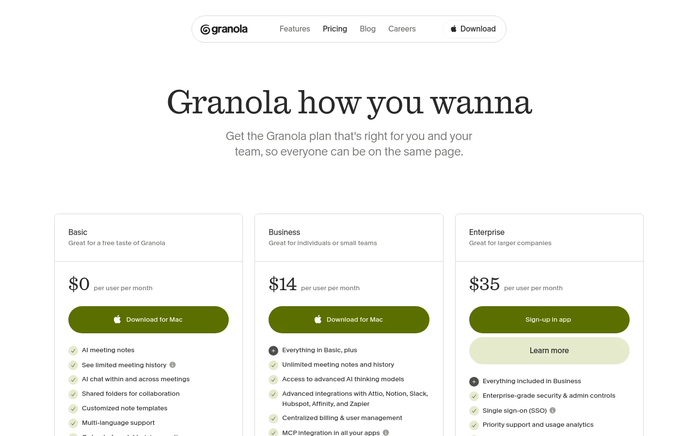 Granola pricing page featuring a minimalist three-column layout with Basic, Business, and Enterprise plans. The design uses large serif typography on a clean white background with olive green call-to-action buttons. Plan details are organized in cards with subtle checkmark icons and a testimonial section at the bottom.
