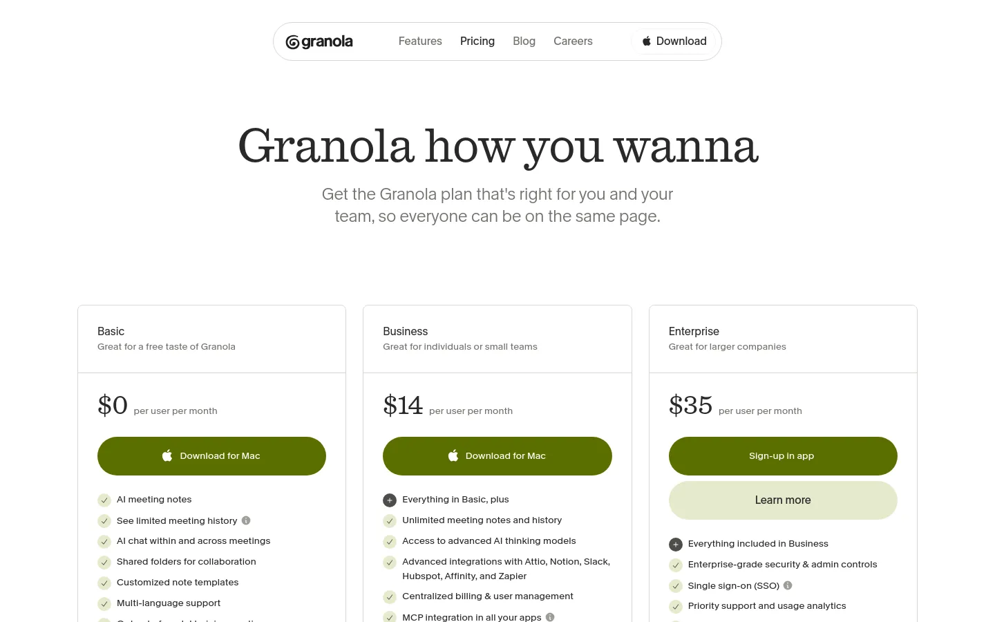Granola pricing page featuring a minimalist three-column layout with Basic, Business, and Enterprise plans. The design uses large serif typography on a clean white background with olive green call-to-action buttons. Plan details are organized in cards with subtle checkmark icons and a testimonial section at the bottom.