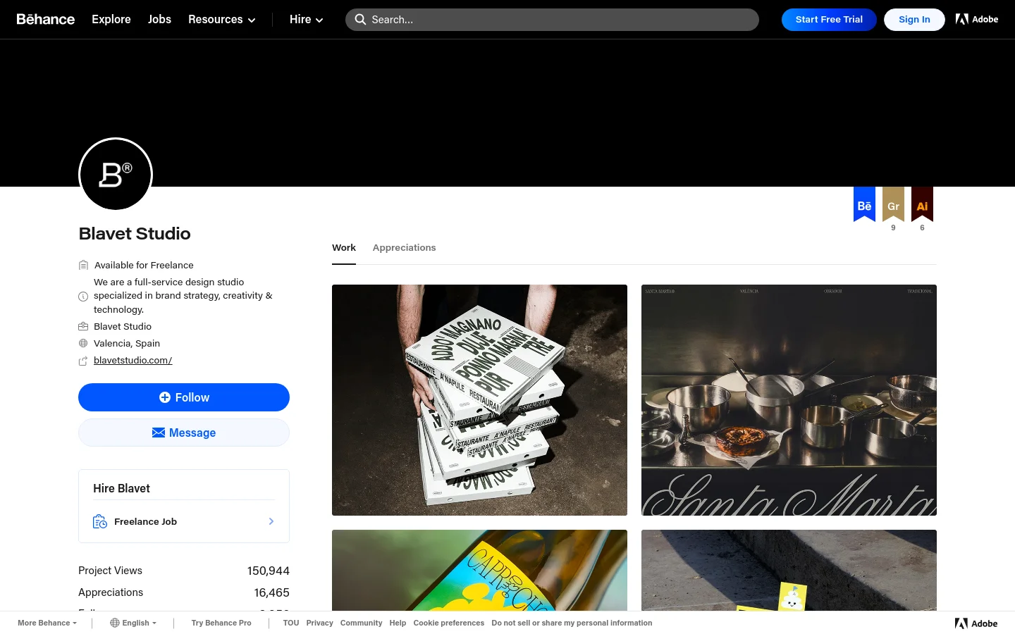 The Behance profile page for Blavet Studio features a dark theme with a minimalist layout. A circular profile icon with a 'B' logo sits above the studio name, followed by a description, location, and blue 'Follow' and 'Message' buttons. Below, a grid of project thumbnails is visible under the 'Work' tab.