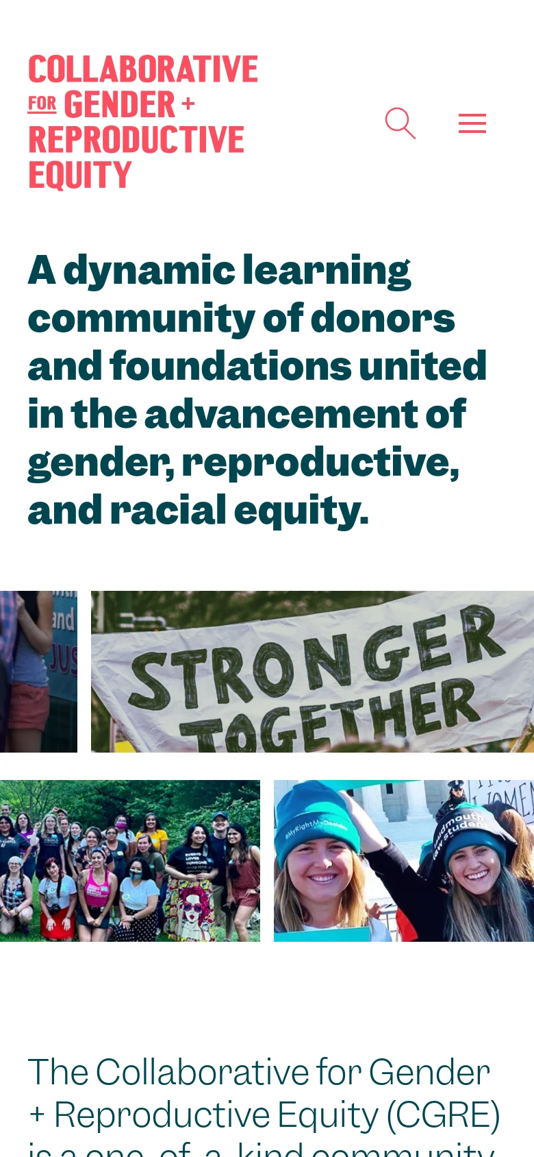 The mobile version simplifies the header to a red logo, a search icon, and a hamburger menu icon on a white background. The large teal headline is stacked vertically, followed by a series of smaller, cropped images of people and a banner that reads 'Stronger Together' in a grid-like arrangement.