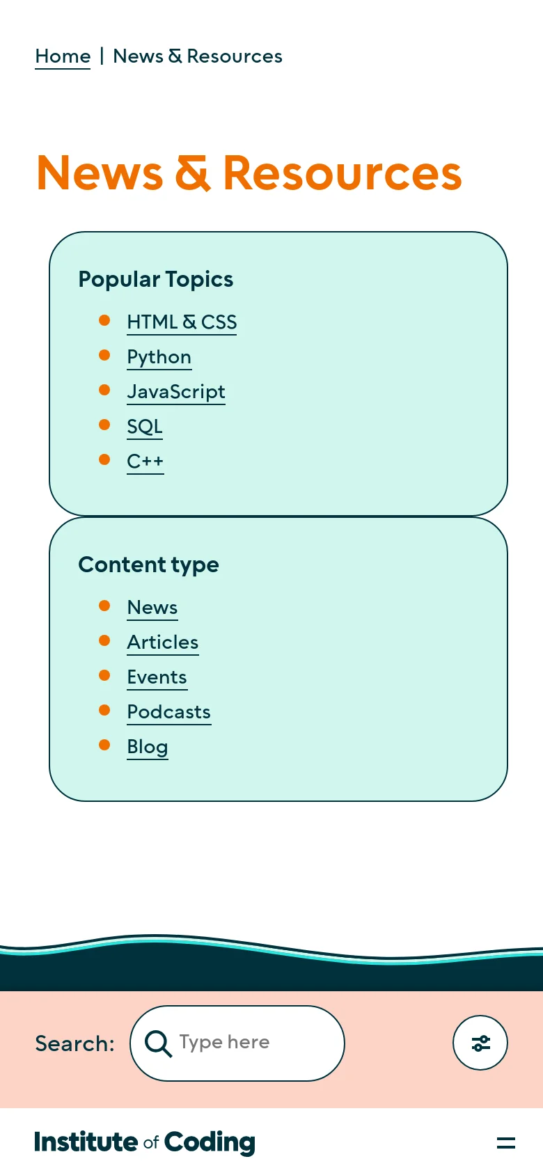 The mobile version presents a simplified vertical layout with the 'News & Resources' heading at the top. The 'Popular Topics' and 'Content type' filter boxes are stacked vertically in light teal containers. At the bottom, a peach-colored search bar with a text input and a filter icon sits above the site footer.