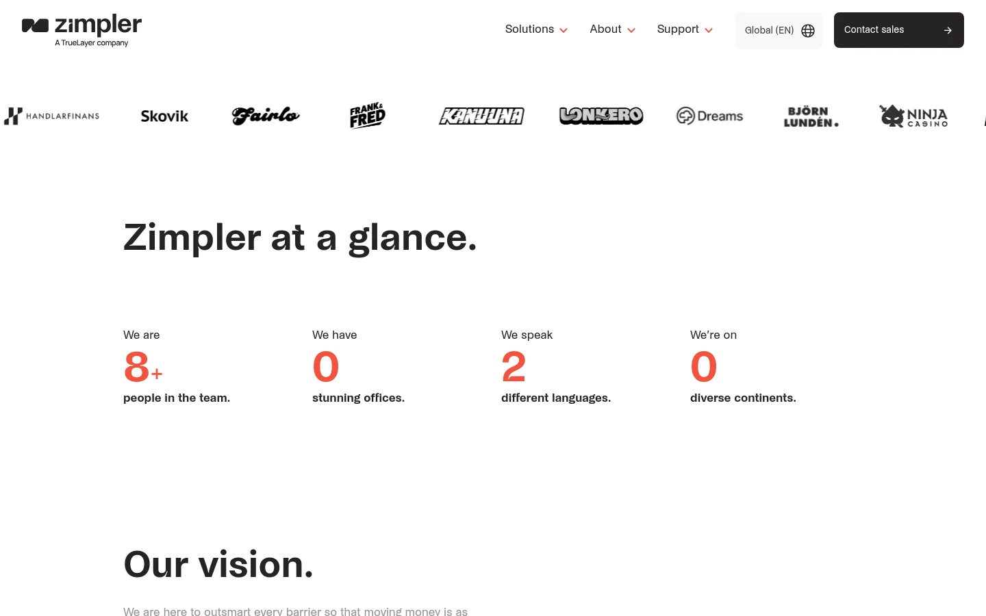 The desktop About Zimpler page features a clean white layout with a top navigation bar containing the Zimpler logo, menu items, and a 'Contact sales' button. A row of partner logos is displayed below the header, followed by a large headline 'Zimpler at a glance.' and a statistics section with large orange numbers highlighting team size, offices, languages, and continents. The design uses a minimalist aesthetic with black text and orange accents.