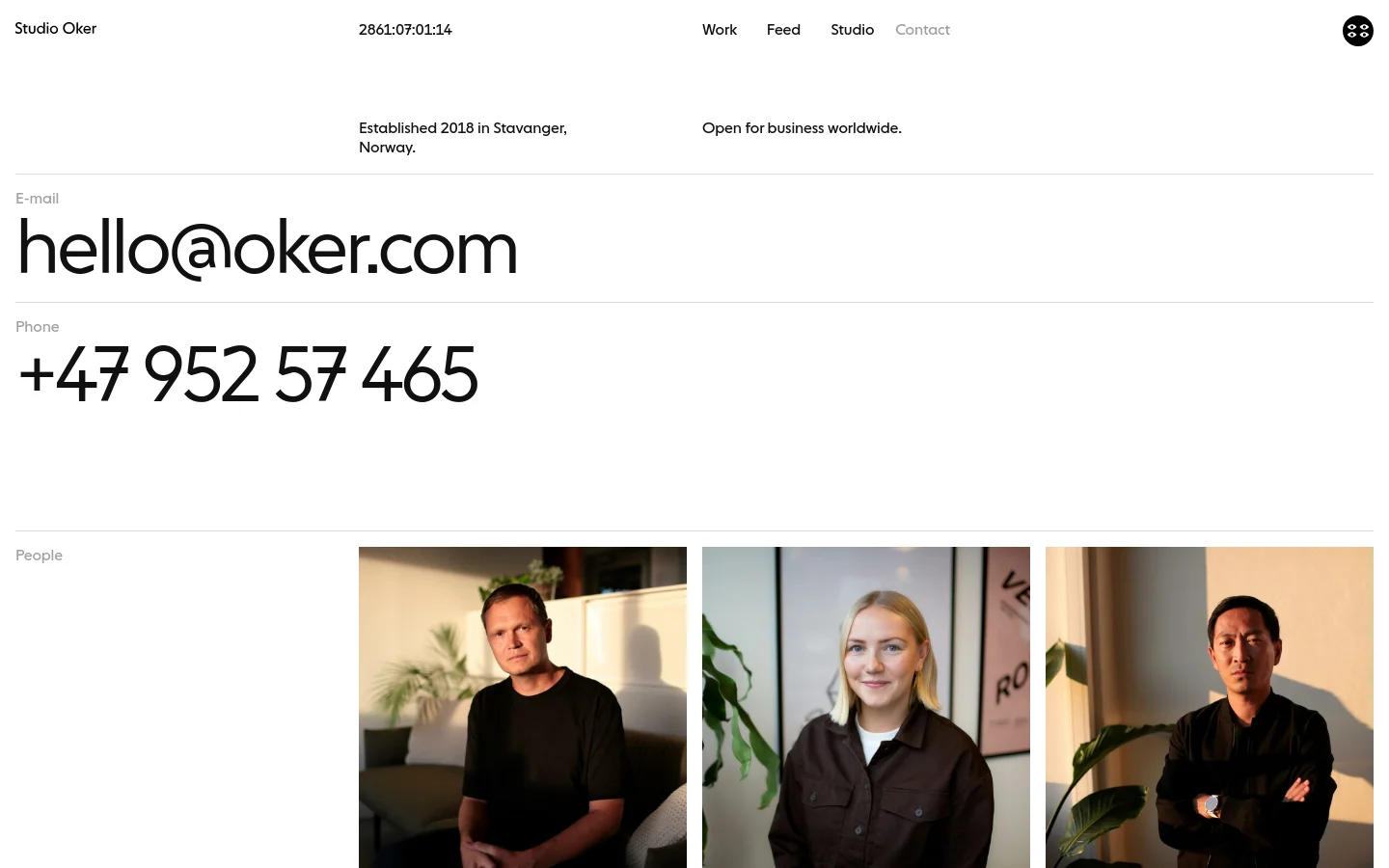 The desktop Contact page features a minimalist white layout with black text. It displays the company's establishment details, a large email address 'hello@oker.com', and a phone number, followed by a 'People' section showing a grid of portrait photographs of the team members with their names and contact info.