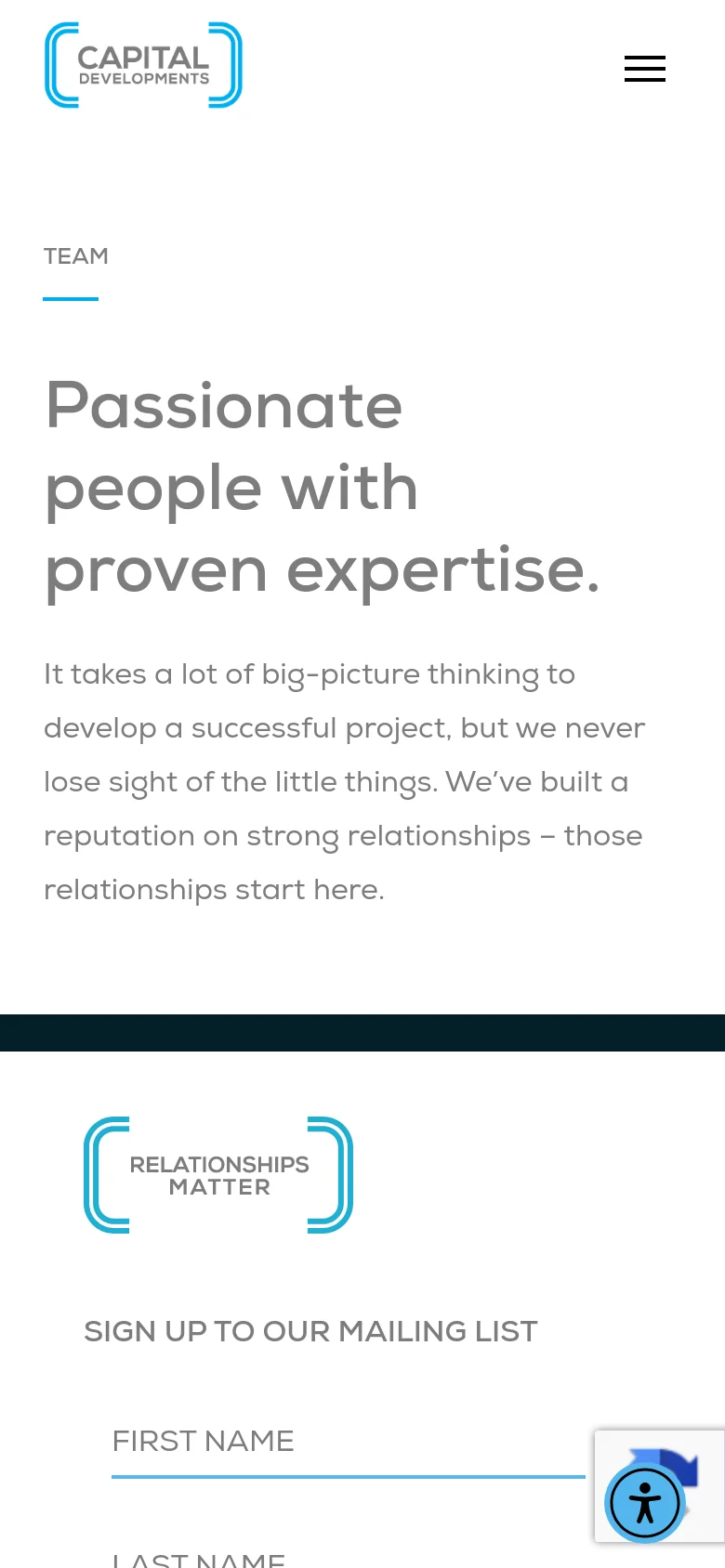 The mobile version simplifies the layout into a single vertical column. The headline and descriptive text are stacked vertically, and the navigation menu is replaced by a hamburger icon in the top right. The footer elements, including the mailing list form and social icons, are also stacked for easier scrolling on a smaller screen.