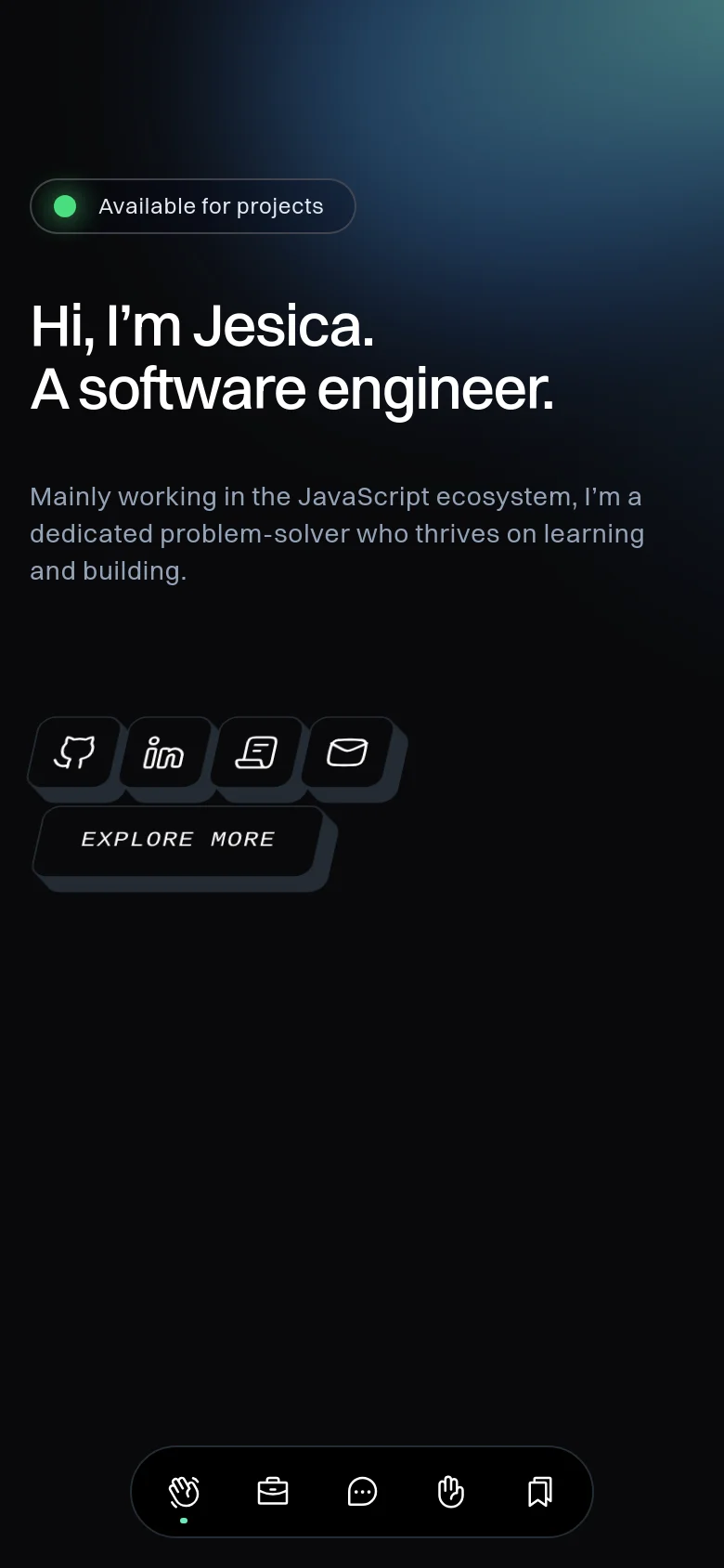 Mobile version of the homepage with a vertically stacked layout. The hero section displays the same headline and bio against a dark gradient background, with social icons and the 'Explore More' button scaled for touch interaction.