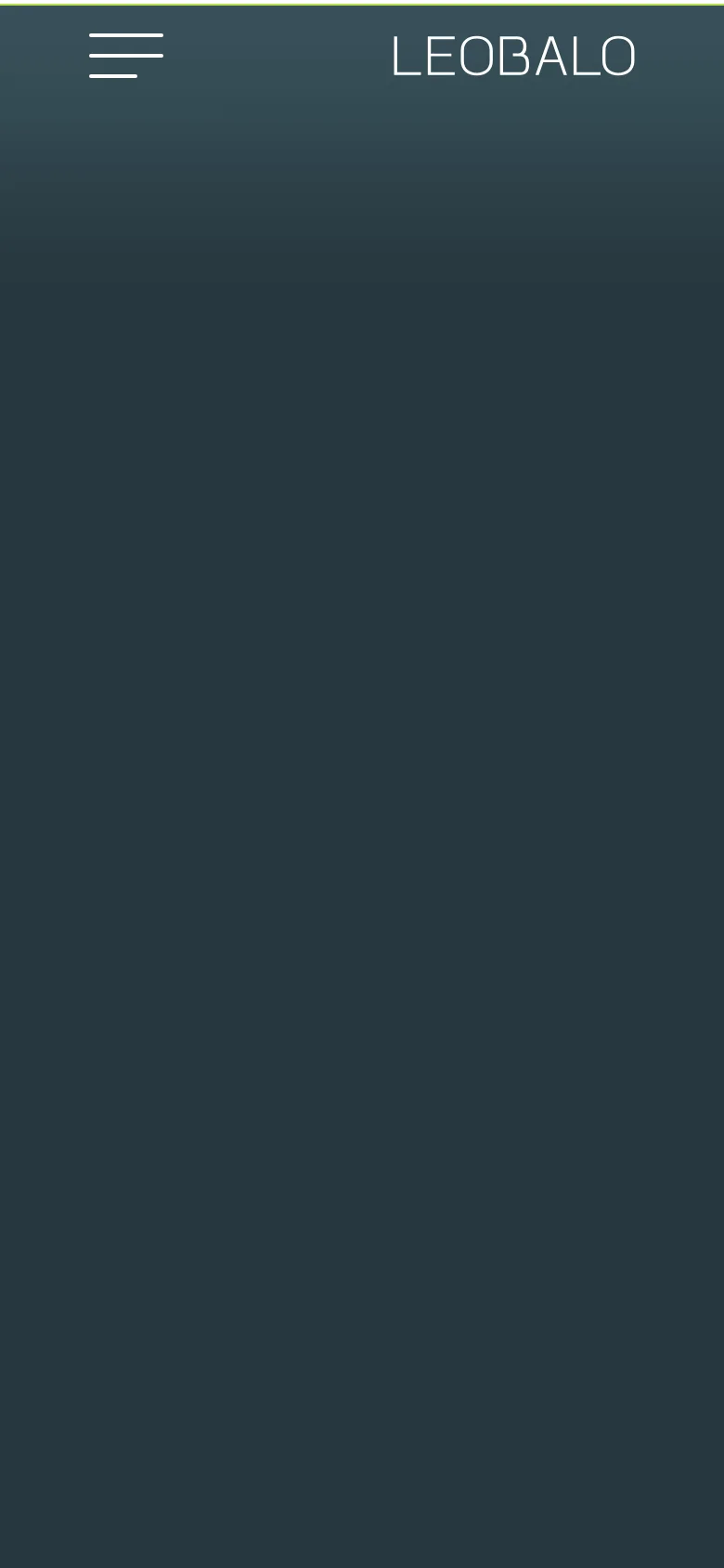 The mobile version simplifies the layout into a vertical stack with a dark header containing a hamburger menu icon, the LEOBALO logo, and contact details. The main content area uses a dark background, focusing on large, readable text for service descriptions and clear call-to-action links.