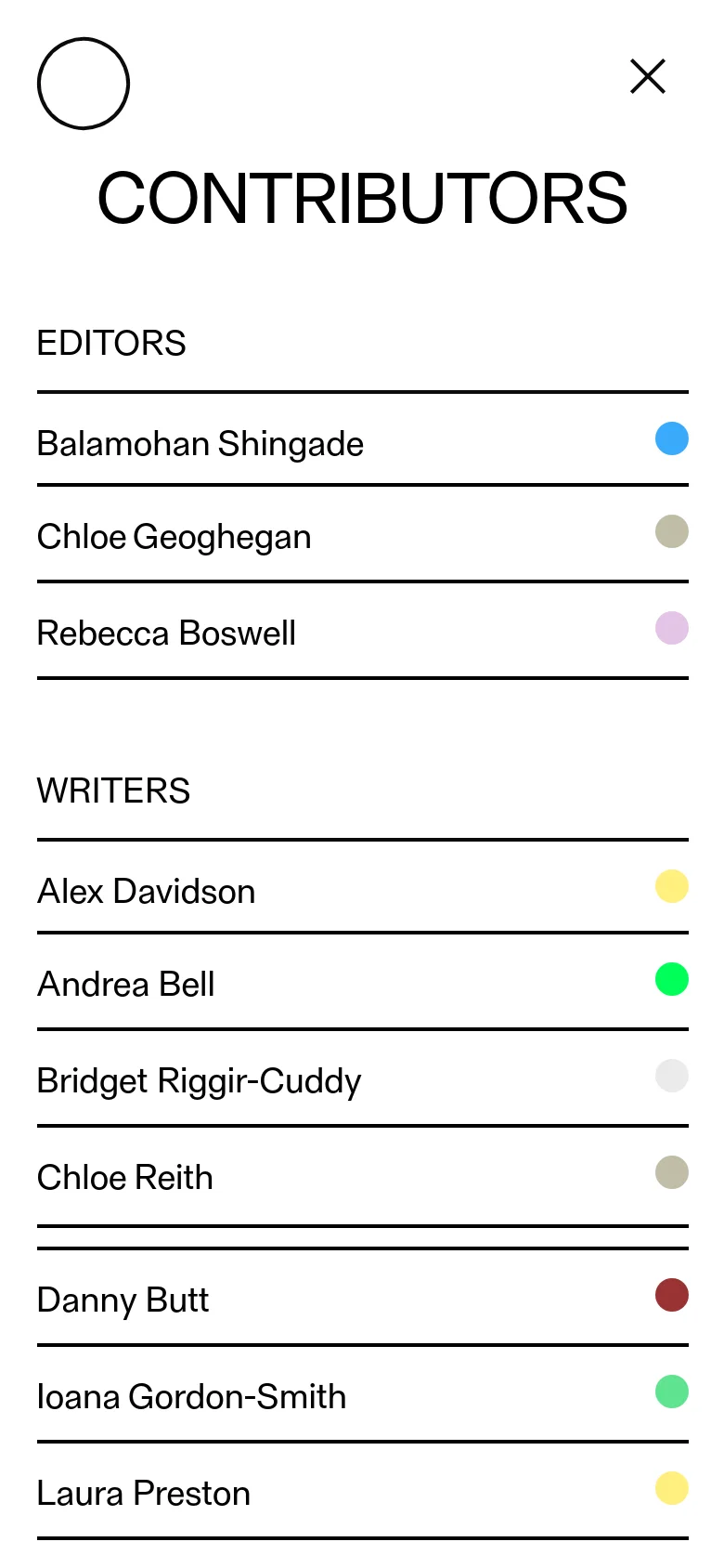 The mobile version maintains the minimalist design with the large 'CONTRIBUTORS' title and list of names. The layout is vertically stacked to fit the narrow screen, and the top navigation includes a large circular icon and a close 'X' button.