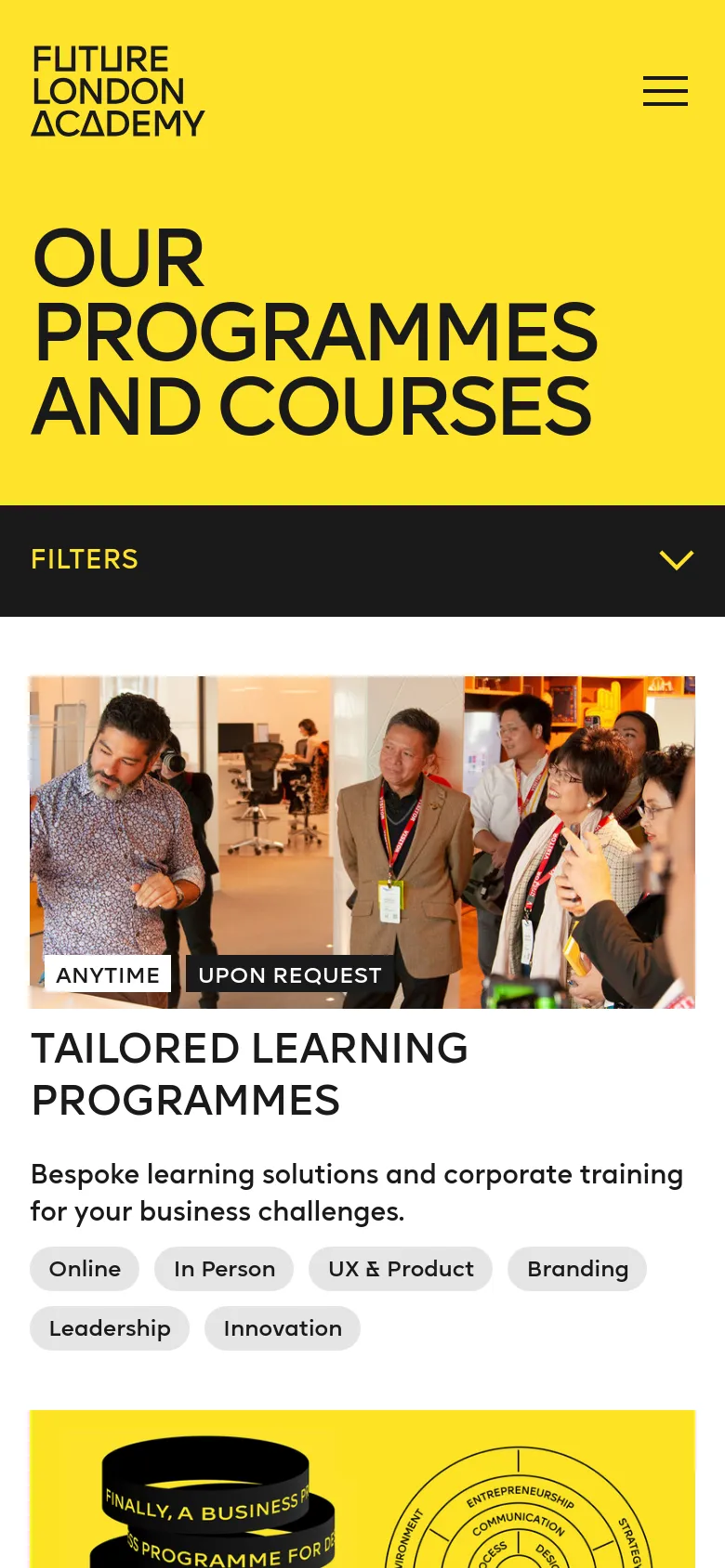 The mobile version simplifies the layout, replacing the sidebar with a collapsible 'FILTERS' dropdown menu under the yellow hero section. The large headline remains prominent at the top, and course cards are stacked vertically to fit the narrow screen, maintaining the high-contrast yellow, black, and white color scheme.