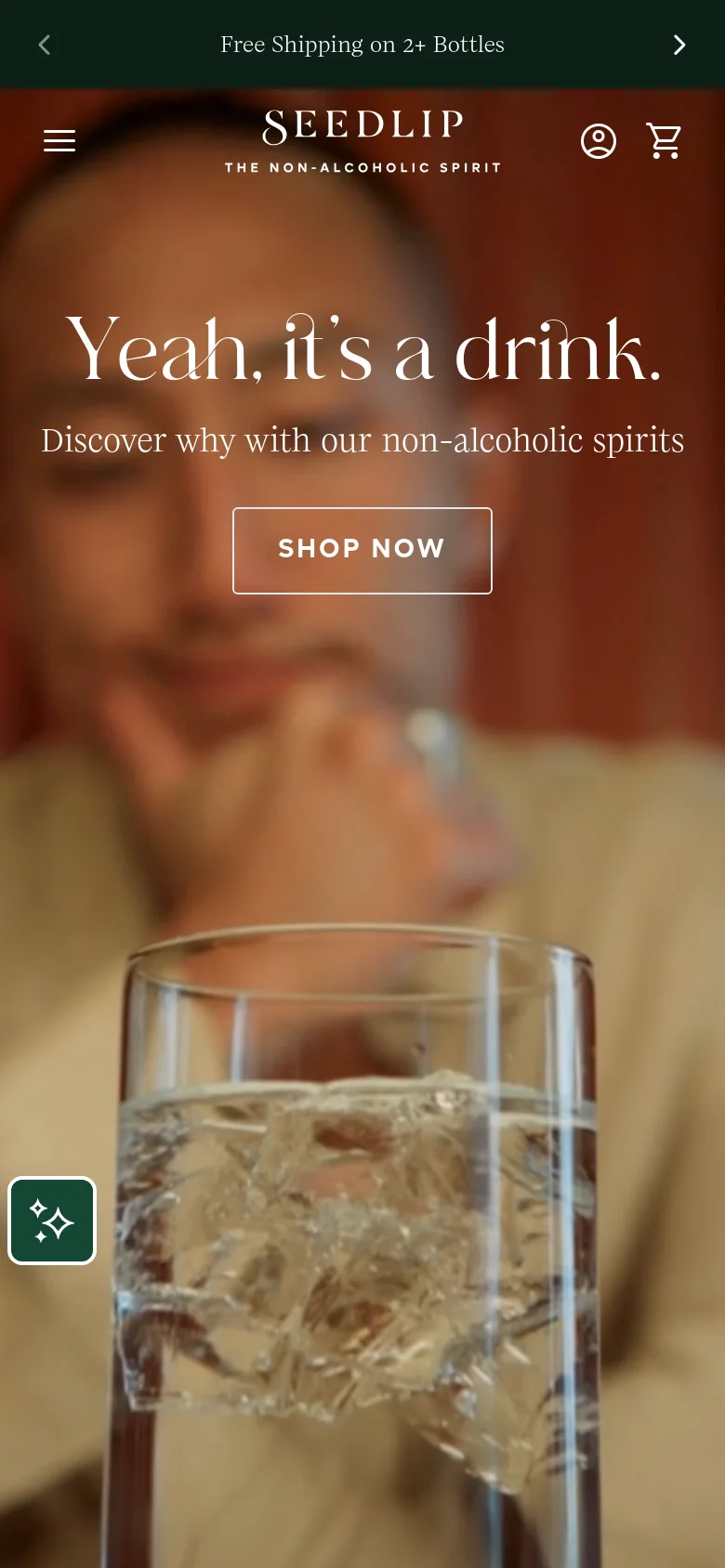 The mobile version presents a vertically oriented hero image of a person and a glass, with the headline and 'SHOP NOW' button centered. The navigation is condensed into a hamburger menu icon on the left, with user account and shopping cart icons on the right. The layout is simplified to focus on the central imagery and primary call to action.