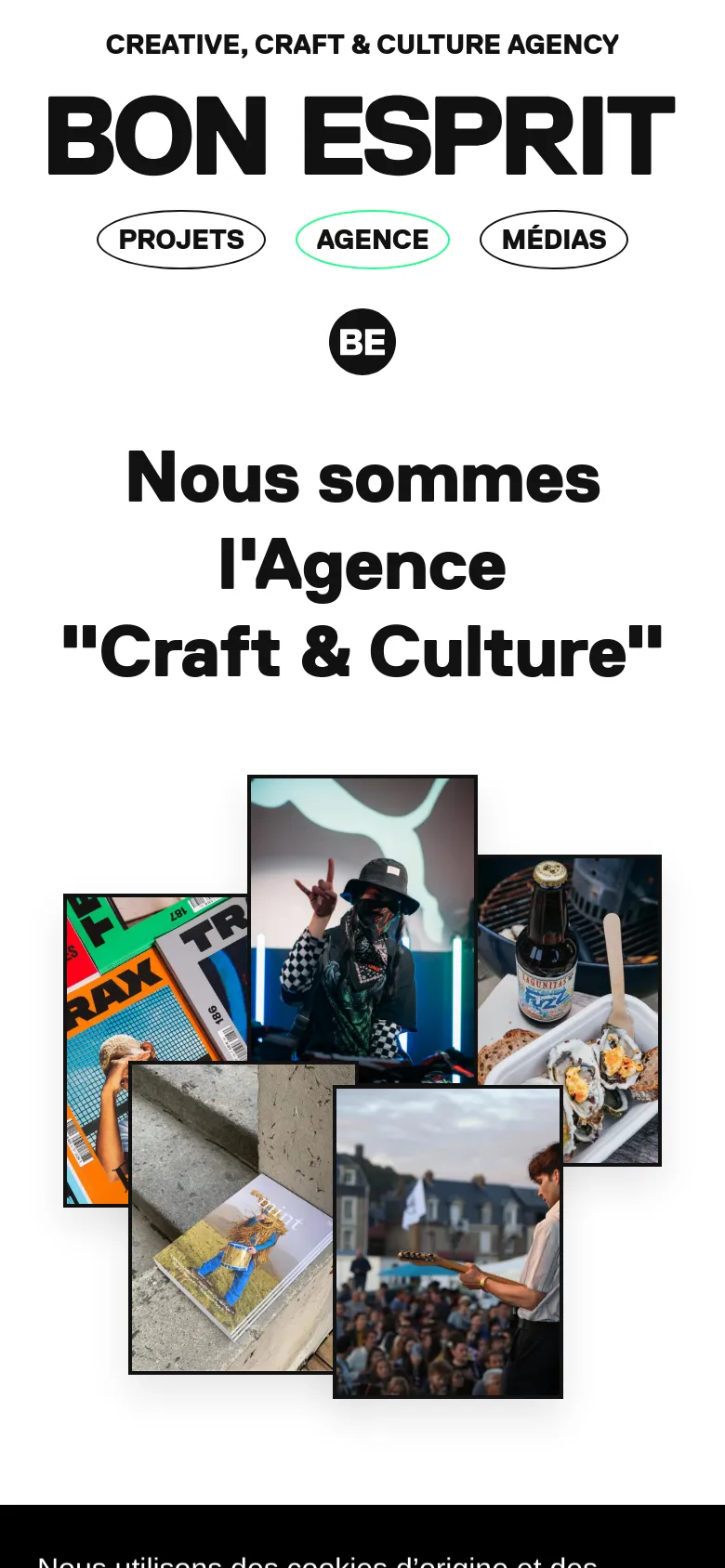The mobile version presents a vertically stacked layout with the same bold black typography and branding. The navigation pills are centered below the main 'BON ESPRIT' logo, and the photographic collage is rearranged into a tighter, vertical cluster to fit the narrower screen width.