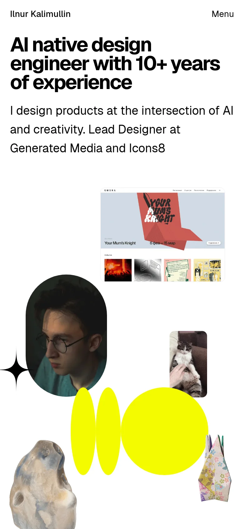The mobile version presents a vertically stacked layout with the large headline and subheadline at the top. The artistic elements, including the portrait, yellow circles, and stone, are rearranged to fit a narrow screen, and the top navigation is condensed into a 'Menu' button.