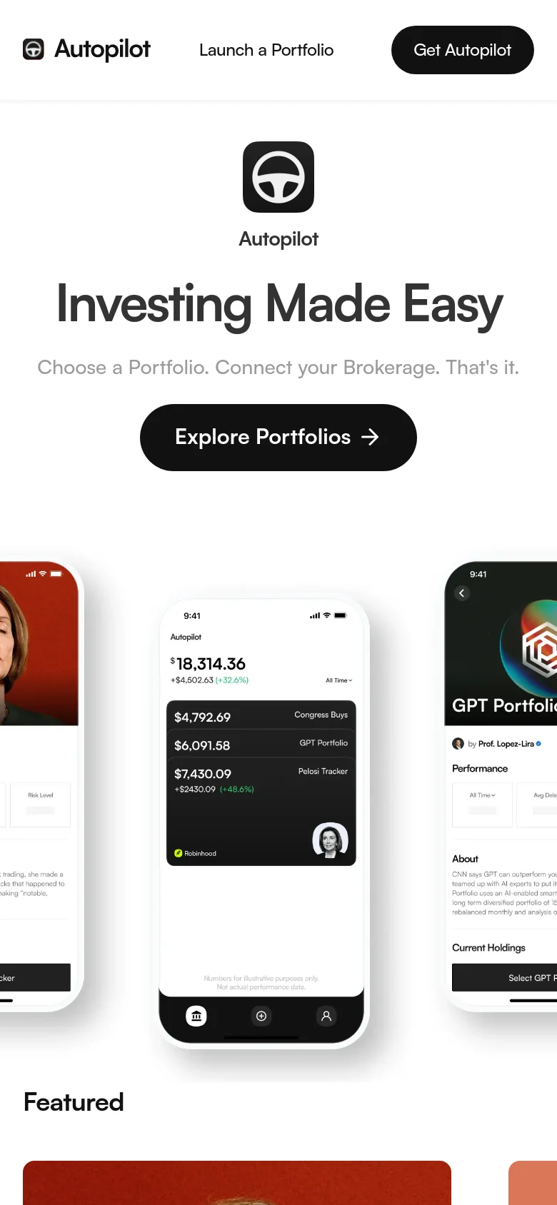The mobile version presents a vertically stacked layout with the logo, headline, and 'Explore Portfolios' button at the top. The smartphone interface previews are scaled down and arranged in a single column or smaller grid to fit the narrow screen width.