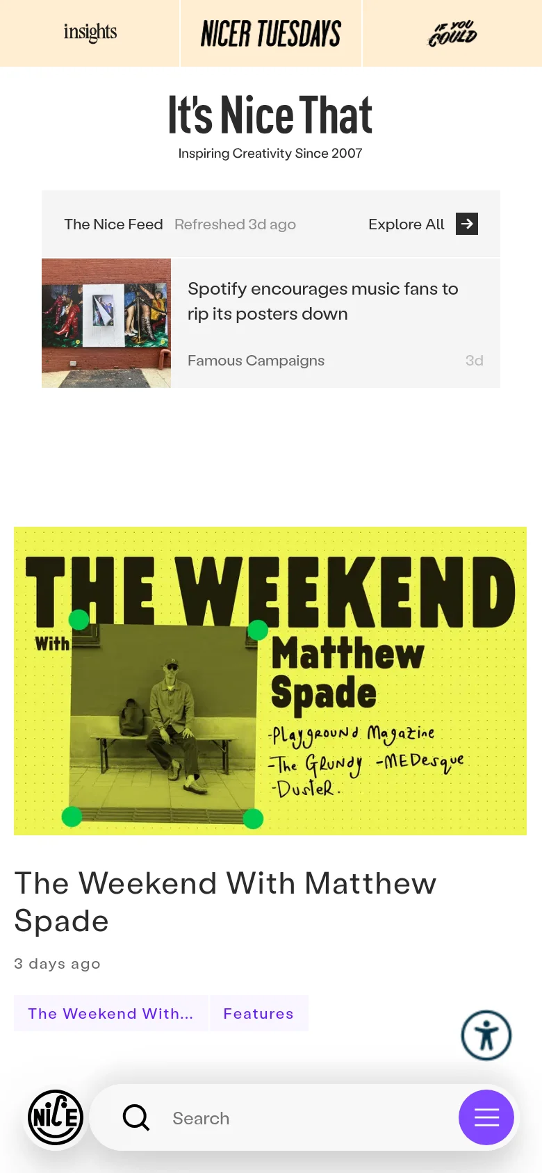 The mobile version presents a single-column vertical layout, starting with a condensed 'The Nice Feed' section followed by the large yellow hero image. The typography remains bold and impactful, but the content is stacked vertically for easier scrolling. A fixed bottom navigation bar includes a search field and a purple menu button.