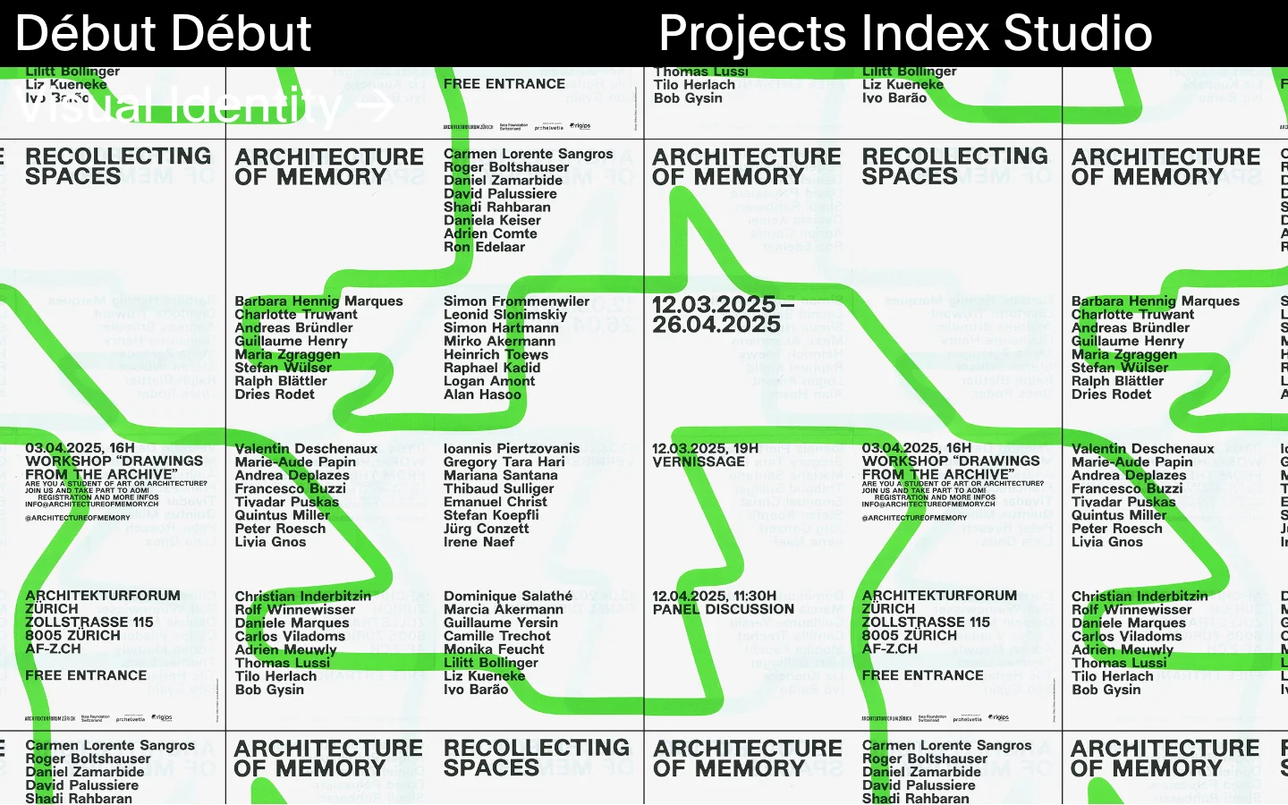 The desktop homepage for Début Début features a minimalist, grid-based layout with a white background and black sans-serif typography. Large headings categorize projects into Visual Identity, Editorial, Poster, Typeface, and Website, with each section containing a grid of text-heavy project tiles. A bright green graphic element overlays parts of the grid, creating a dynamic, experimental feel.