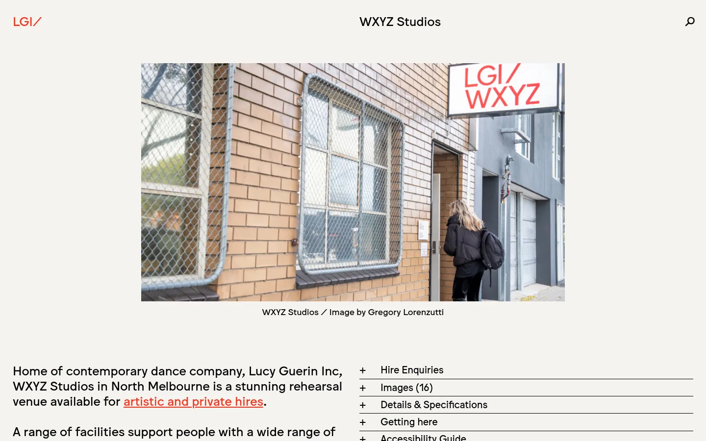 The desktop page features a clean, minimalist layout with a large hero image of the WXYZ Studios entrance and a red LGI logo. Below the hero image, introductory text is positioned on the left, while an accordion-style navigation menu for Hire Enquiries, Images, and Details is on the right. The color palette is neutral with white, grey, and black, accented by red hyperlinks.
