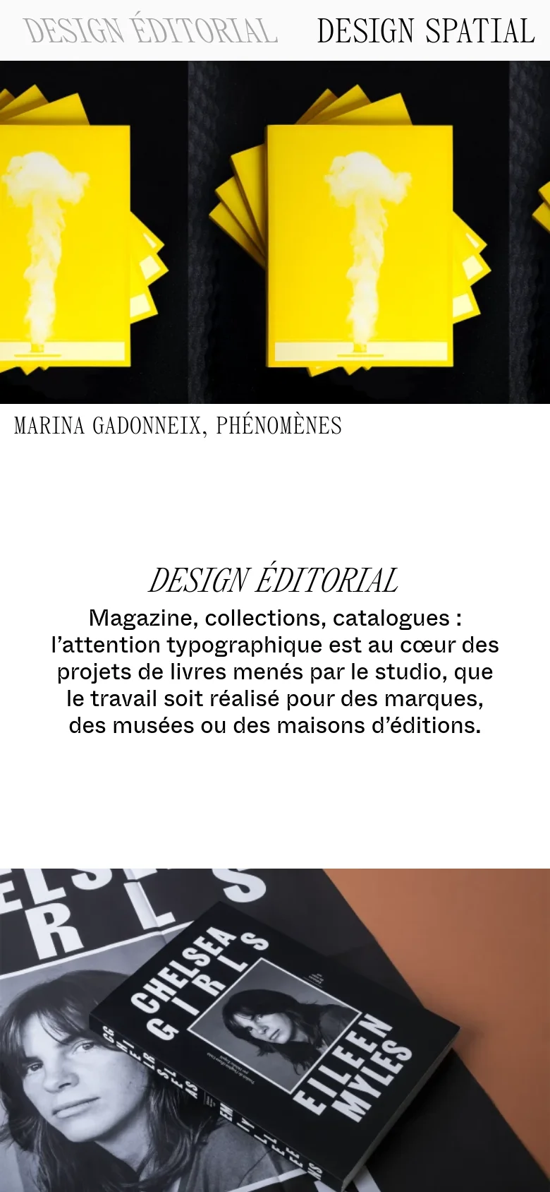 The mobile version presents a single-column vertical layout optimized for scrolling. The text and images are stacked sequentially, starting with the title and description, followed by large, full-width project images and their respective headings. The minimalist aesthetic and high-contrast black and white color scheme remain consistent with the desktop version.