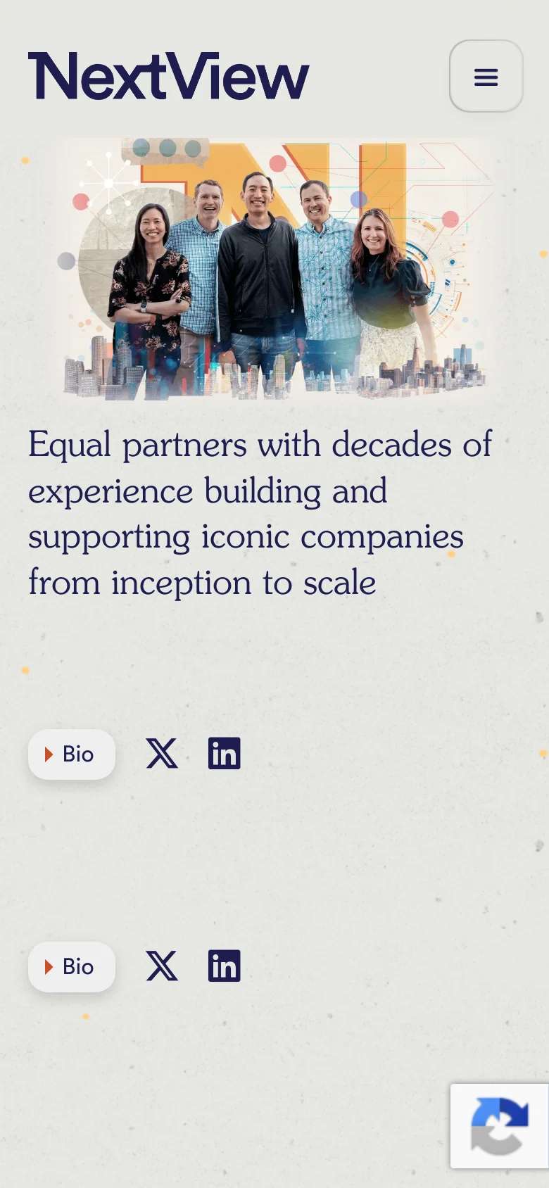 The mobile version presents a vertically stacked layout, starting with the NextView logo and a hamburger menu icon. The team hero image is scaled down to fit the width, followed by the primary headline, and then individual team member sections featuring 'Bio' buttons and social media icons for X and LinkedIn.