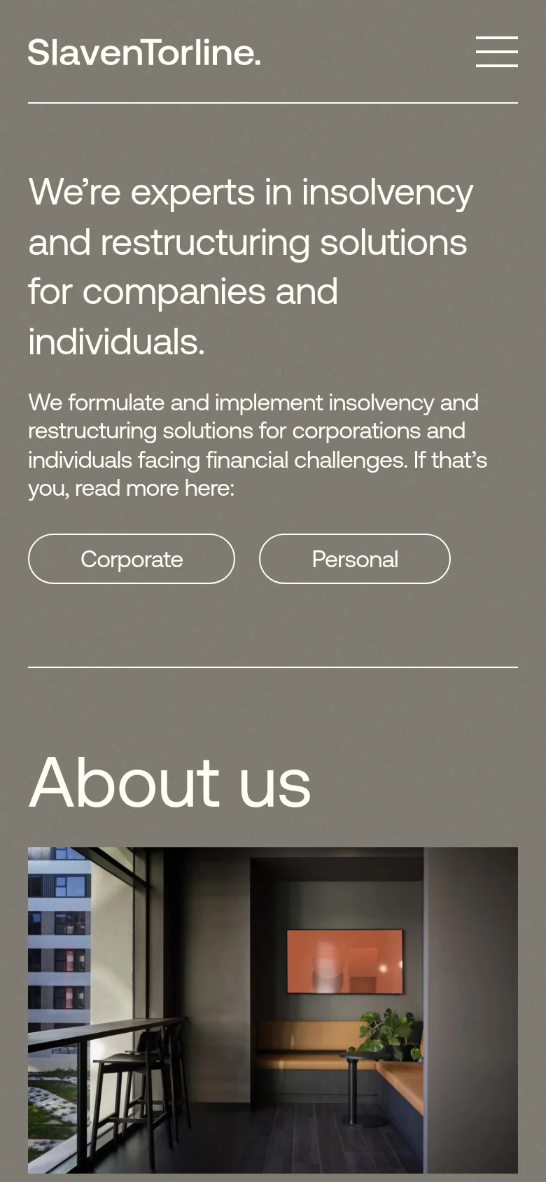 The mobile version uses a single-column vertical layout with a hamburger menu icon in the top right. The hero text and 'Corporate' and 'Personal' buttons are stacked vertically, followed by an 'About us' section featuring a large photograph of a modern interior office space.