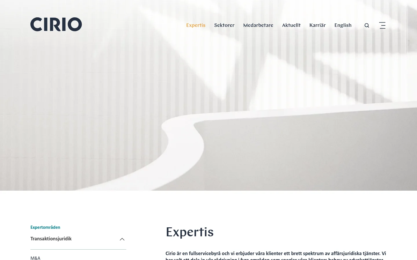 The desktop page features a minimalist design with a large, light-gray abstract hero image and the Cirio logo in the top left. A navigation menu with links like 'Sektorer' and 'Medarbetare' sits at the top right, while the main content area below displays the heading 'Expertis' followed by descriptive text and categorized legal service links.