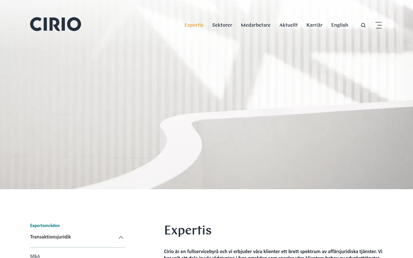 The desktop page features a minimalist design with a large, light-gray abstract hero image and the Cirio logo in the top left. A navigation menu with links like 'Sektorer' and 'Medarbetare' sits at the top right, while the main content area below displays the heading 'Expertis' followed by descriptive text and categorized legal service links.