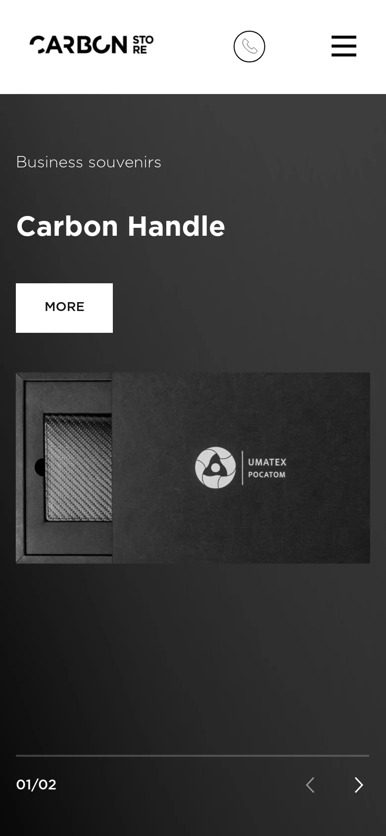 The mobile version presents a simplified, vertically stacked layout optimized for small screens. The header contains the logo, a hamburger menu icon, and a phone icon, while the hero section features the 'Carbon Handle' headline and a prominent white 'MORE' button. The dark aesthetic is maintained, with content condensed to fit a single column.