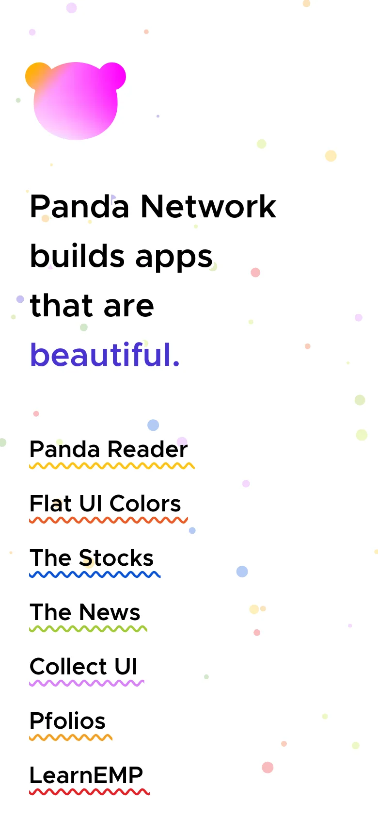 The mobile version transitions to a vertical layout with a large pink panda icon at the top. Below the icon, the text 'Panda Network builds apps that are beautiful' is displayed in black and blue, followed by a list of links like 'Panda Reader' and 'Flat UI Colors' underlined with colorful wavy lines.