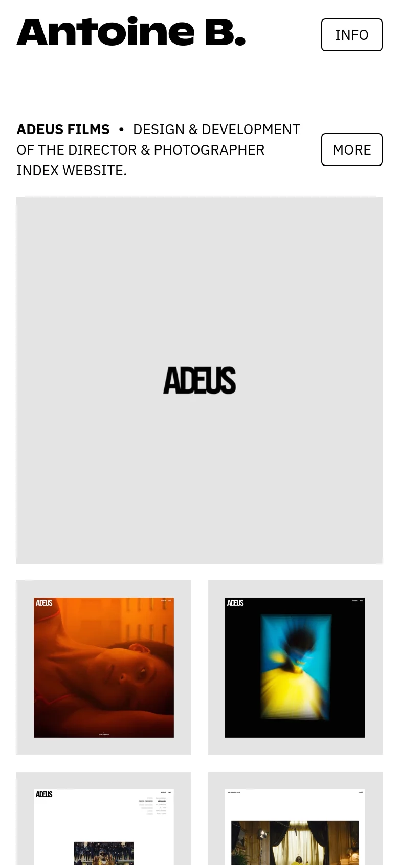 The mobile version maintains the minimalist aesthetic with a vertical stack of content. The header and navigation links are condensed, and the project imagery is displayed in a single-column layout to fit the narrow screen width.