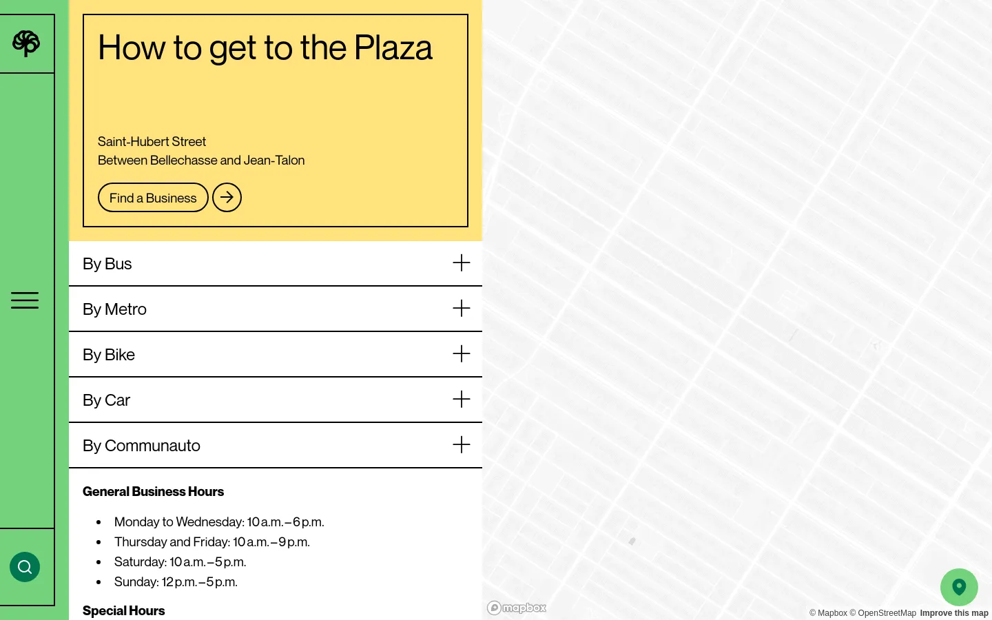 Desktop view of the 'How to get to the Plaza' page featuring a large yellow hero section with the headline and a 'Find a Business' button. To the right is a large, light-colored map background, while the left side contains a vertical navigation menu and expandable accordion sections for transport options like Bus, Metro, and Bike. The layout uses a bright green sidebar and a clean, modern aesthetic.