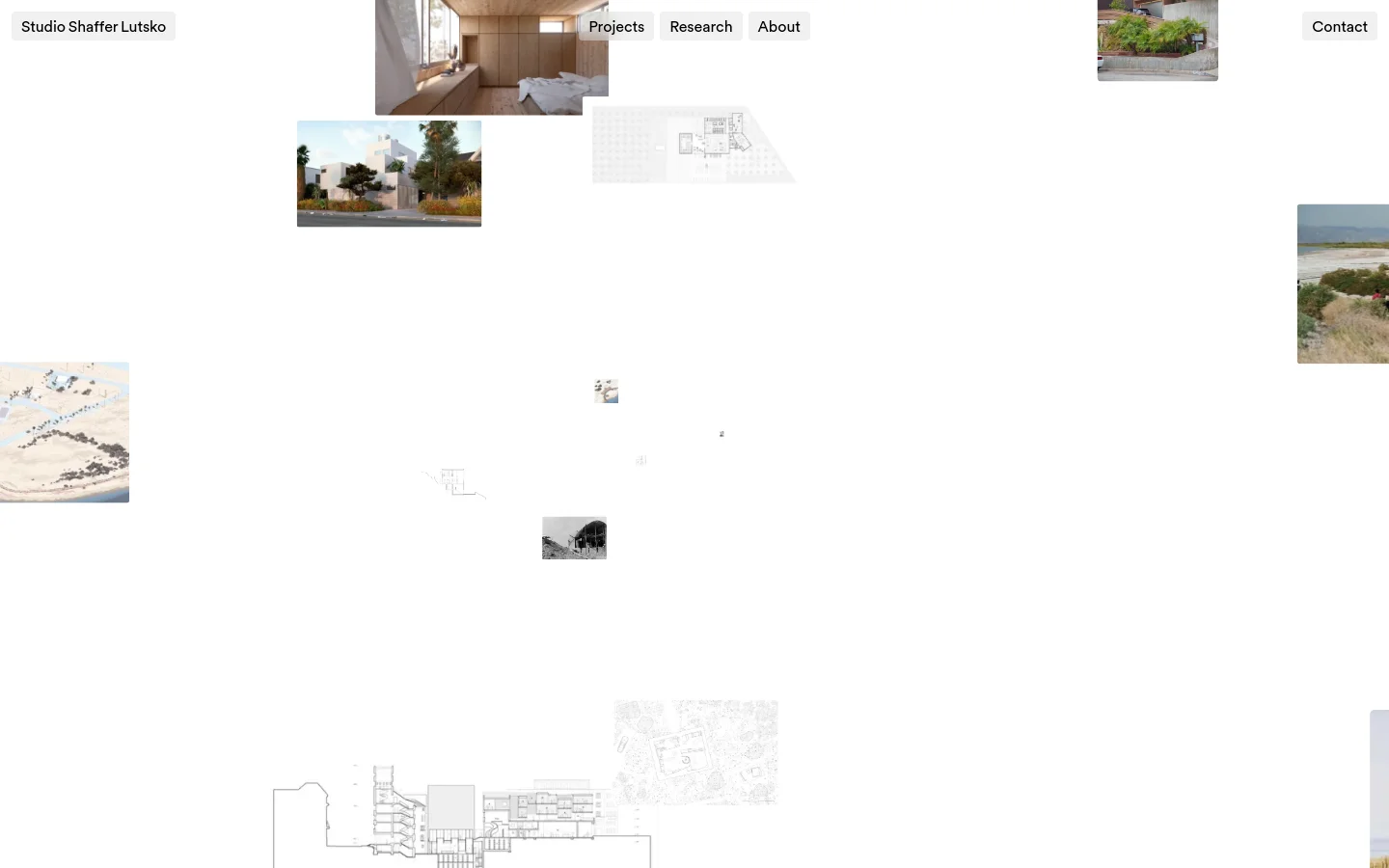 The Studio Shaffer Lutsko homepage features a minimalist white background with a top navigation menu containing links for Projects, Research, About, and Contact. Below the header, a masonry-style grid displays various architectural project images, including building exteriors, interior wood-paneled rooms, and technical floor plans.