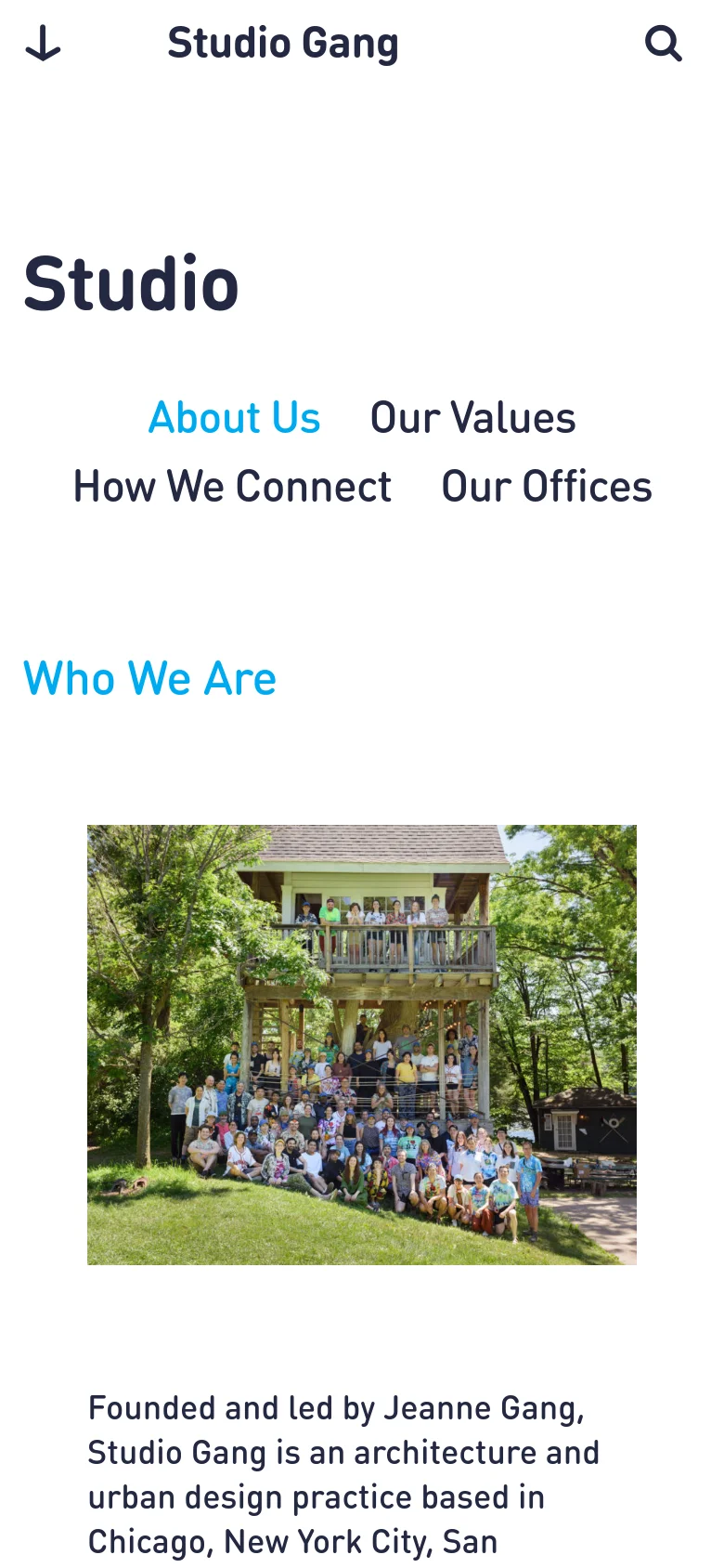The mobile version presents a simplified vertical layout with a condensed header containing a menu icon and search icon. The 'Studio' heading and sub-navigation links are centered, followed by the 'Who We Are' section where the group photograph is stacked vertically above the text content.