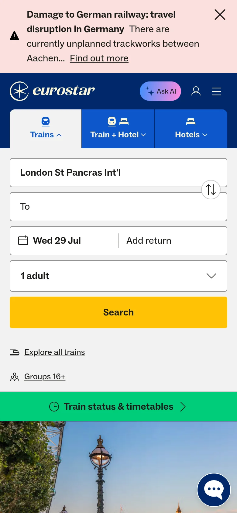 The mobile version presents a simplified vertical layout with a large booking widget at the top, featuring dropdowns for destination, date, and passenger count. A bright yellow 'Search' button spans the width of the screen, followed by links for exploring trains and group bookings. A green 'Train status & timetables' bar is pinned above the hero image of London.
