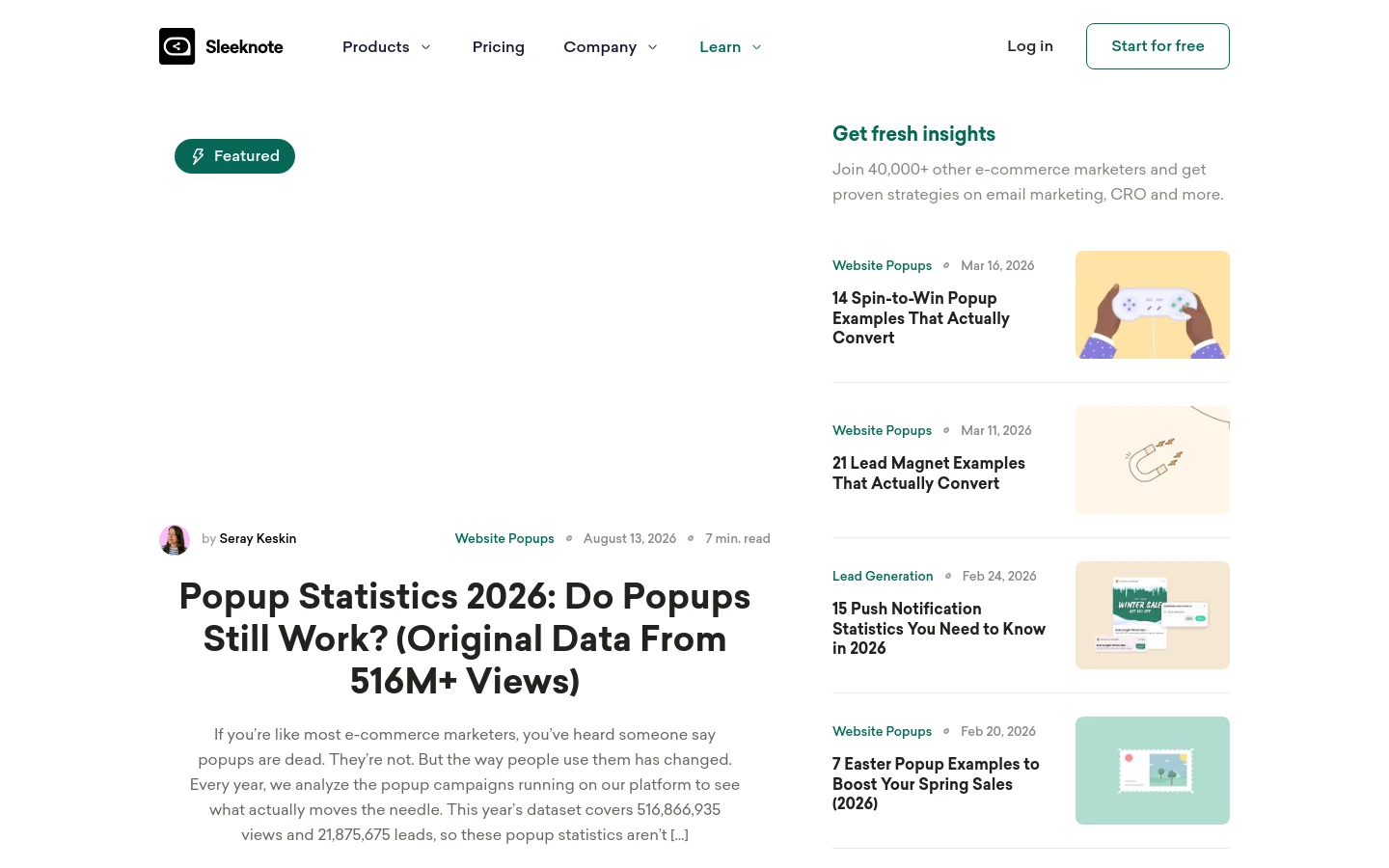 The Sleeknote blog desktop page features a large featured article section at the top with a headline about popup statistics and a large hero illustration. Below, a sidebar on the right titled 'Get fresh insights' contains a newsletter signup prompt and a vertical list of recent blog posts with small thumbnail images. The layout uses a clean white background with teal and dark gray accents.