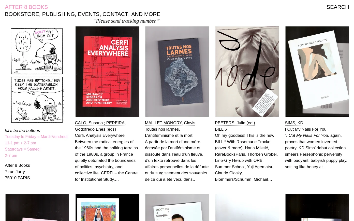 The desktop homepage for After 8 Books features a minimalist white background with a top navigation menu including Bookstore, Publishing, and Events. A large black and white cartoon illustration of a character eating watermelon sits above the store's hours and Paris address. Below this, a grid of book covers is displayed alongside titles, authors, and short descriptions.