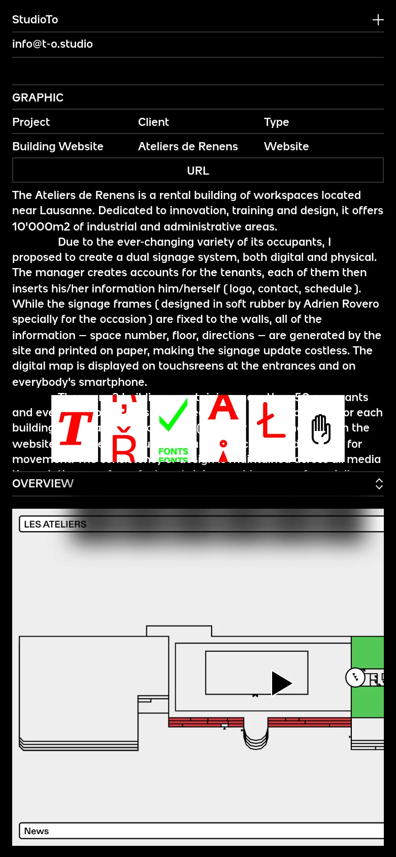 The mobile version presents a vertical stack of the same dark-themed content, prioritizing text readability. The large typographic overlays and floor plan graphics are scaled down or repositioned to fit the narrow viewport, maintaining the high-contrast black and white aesthetic.
