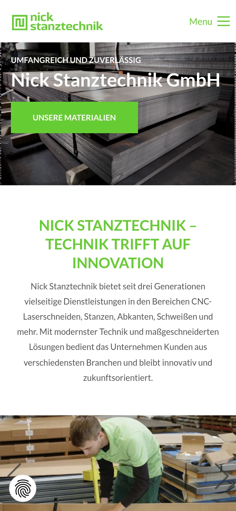 The mobile version displays a condensed layout with a hamburger menu icon in the top right. The hero section shows the same metal sheet imagery and headline, but the green call-to-action button is centered. Below the hero, a section with green text introduces the company's services over a white background.