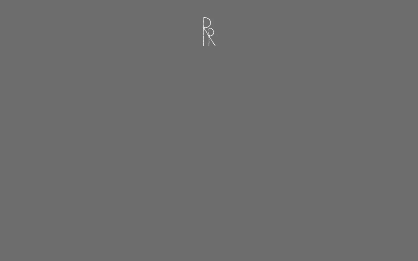 The desktop page features a minimalist design with a dark gray background. Centered at the top is a small, white stylized 'RR' logo, followed by text detailing Craig Ward's 'Young Guns' exploratory single art from 2014. Navigation links for 'Close', 'Previous', and 'Next' are positioned at the top left.