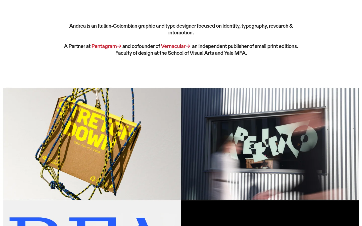 A minimalist portfolio homepage with a white background and black serif typography. The header contains the designer's name and links to Work, About, and Instagram. Below a brief biographical introduction, a grid of large, diverse project images showcases graphic design work, including typography, branding, and photography.