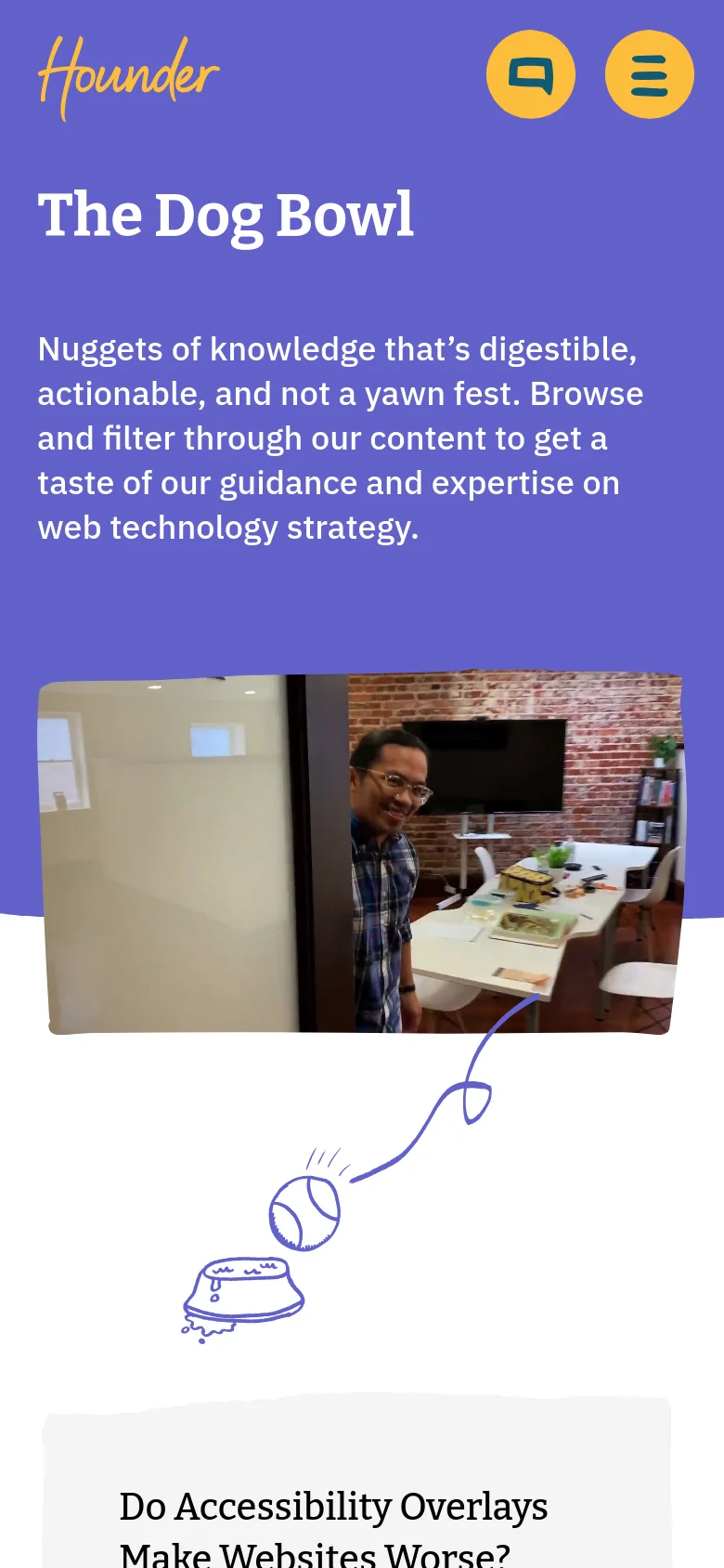 The mobile version uses a simplified vertical layout with a purple background and a large 'The Dog Bowl' heading. The hero image is scaled down and centered, followed by a single-column list of blog post cards. Navigation is condensed into a hamburger menu icon next to a yellow chat icon.