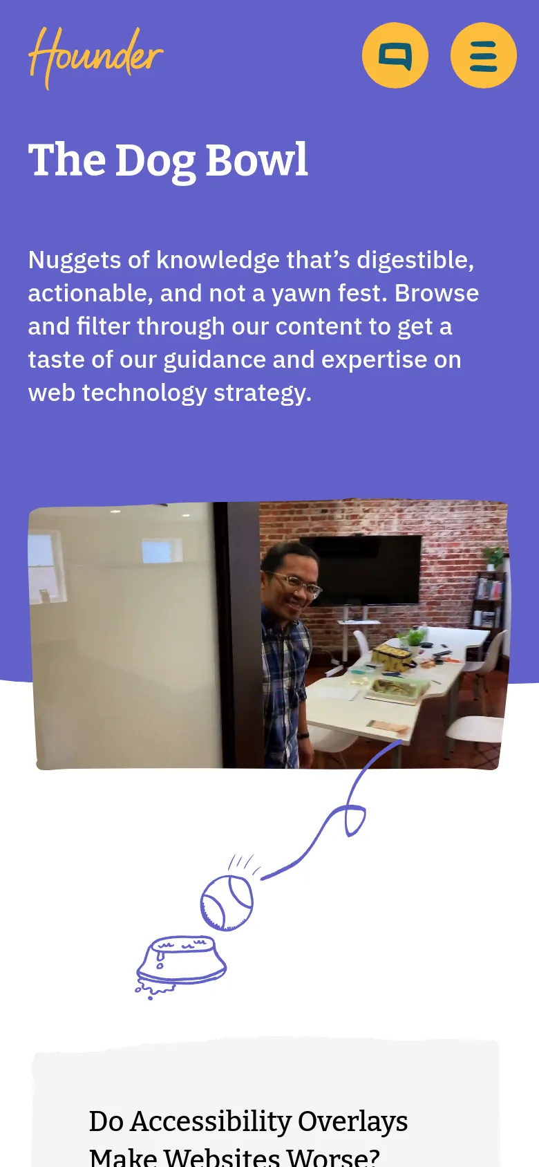 The mobile version uses a simplified vertical layout with a purple background and a large 'The Dog Bowl' heading. The hero image is scaled down and centered, followed by a single-column list of blog post cards. Navigation is condensed into a hamburger menu icon next to a yellow chat icon.