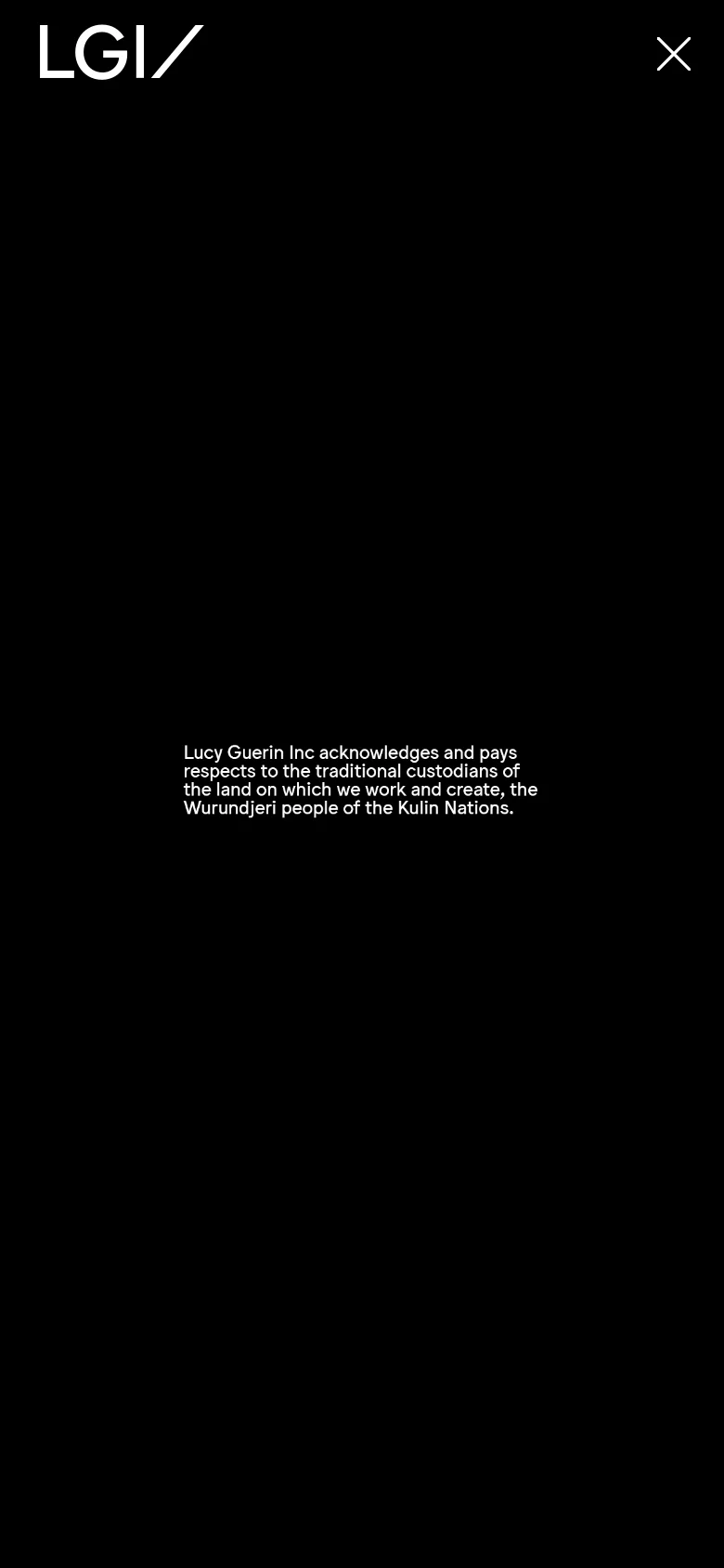 The mobile version maintains the minimalist black and white aesthetic. The LGI logo is positioned at the top left with a close icon at the top right, and a centered text block provides an acknowledgment of the traditional custodians of the land.