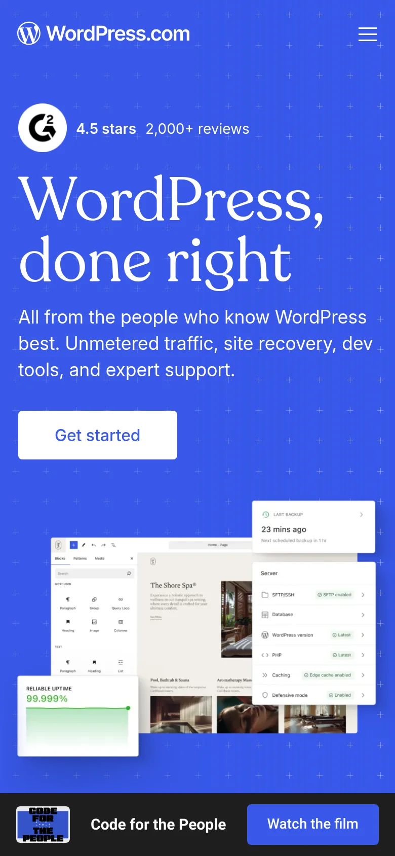 The mobile version presents a vertically stacked layout on a blue patterned background. The headline 'WordPress, done right' and 'Get started' button are centered, followed by the descriptive text and UI mockups below. Navigation is condensed into a hamburger menu icon in the top right, and a dark footer banner at the bottom promotes a documentary with a 'Watch the film' button.