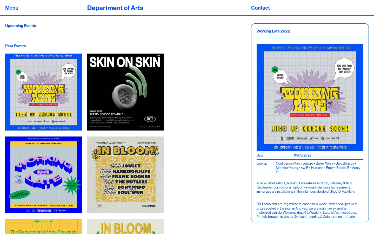 The Department of Arts Events page features a clean white background with blue accents. A navigation bar at the top includes 'Menu', 'Department of Arts', and 'Contact'. The main content is divided into 'Upcoming Events' and 'Past Events' sections, with the latter displaying a grid of colorful event posters including 'Working Late 2022' and 'Skin On Skin'.