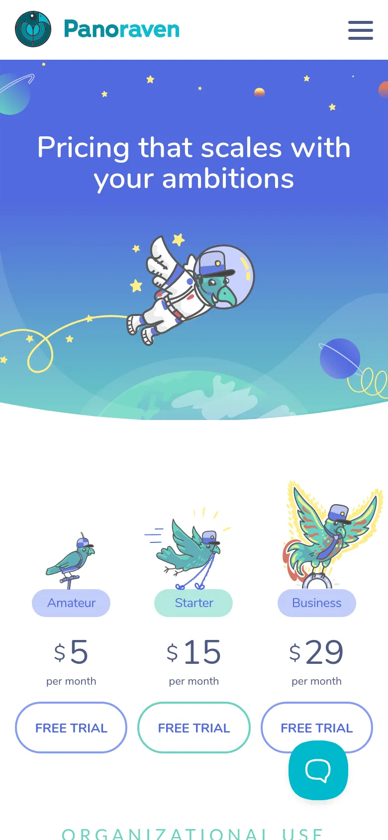 The mobile version presents a stacked layout, beginning with the blue space-themed hero section and headline. The three pricing cards are arranged vertically instead of horizontally, with each card containing a bird character, plan name, price, and a 'FREE TRIAL' button. A hamburger menu and a floating chat icon are visible in the navigation and footer areas.