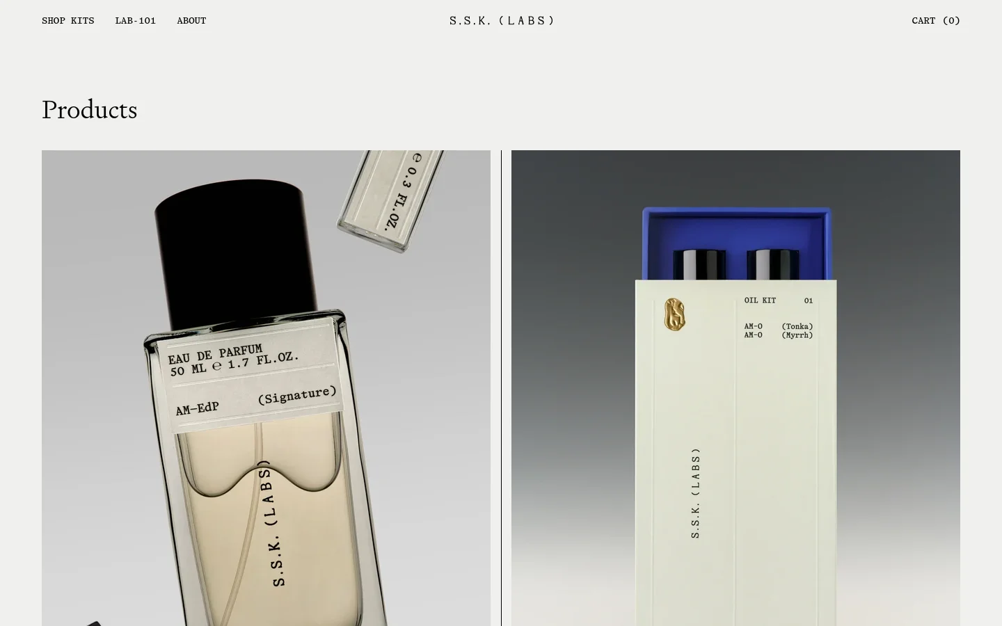 The desktop page features a minimalist design with a light gray background and a 'Products' headline. It displays a grid of fragrance kits, starting with a large hero image of Fragrance Kit 01, followed by product details, price, and a 'Shop Kit' call to action button. The navigation menu at the top includes links for Shop Kits, Lab-101, About, and a Cart icon.
